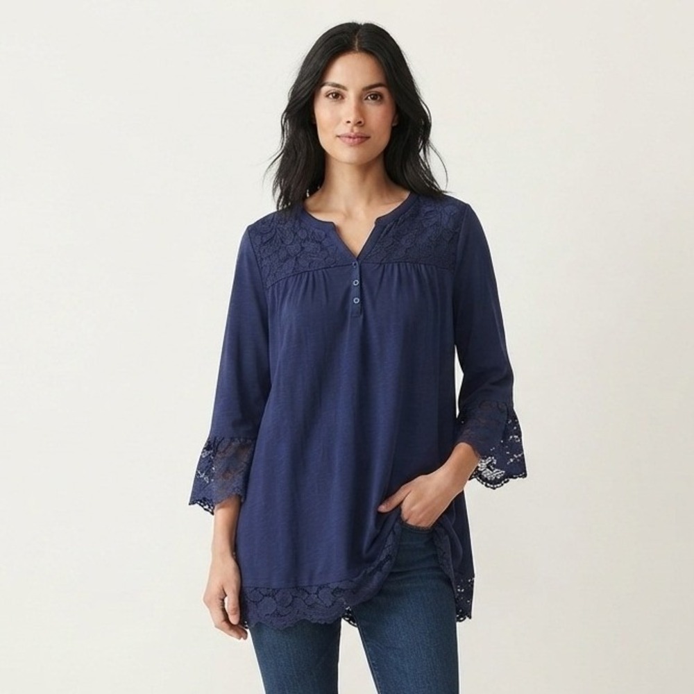 Catherines Navy Blue Lace Trim Henley Tunic Top 3X 3/4 Sleeve Blouse